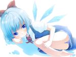 barefoot blue_eyes blue_hair bow cirno fetal_position hair_bow hands hase_neet lying panties ribbon short_hair striped striped_panties touhou underwear wings 