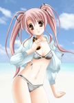  bikini bottle brown_eyes highres jacket kirihara_natsuki long_hair lotion pink_hair suntan_lotion swimsuit tongue twintails 