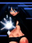  black_rock_shooter_(character) blue_eyes blue_hair flat_chest ganto glowing glowing_eyes hotpants long_hair midriff short_shorts shorts solo twintails 