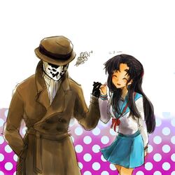  asakura_ryouko blue_eyes blue_hair closed_eyes crossover dc_comics hase_fuuko hat knife long_hair m.u.g.e.n mask mugen_(game) rorschach school_uniform suzumiya_haruhi_no_yuuutsu trench_coat trenchcoat watchmen 