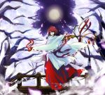  cherry_blossoms detached_sleeves fan full_moon japanese_clothes meiko miko moon open_mouth petals red_eyes ribbon short_hair solo unibouzu vocaloid 