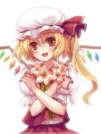  blood bust fangs flandre_scarlet flower hat object_hug open_mouth ponytail red_eyes rie_(artist) rie_(reverie) short_hair side_ponytail simple_background slit_pupils smile touhou wings 