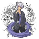  card card_pendant cigarette flower hand_in_pocket headphones honne_dell male minoru necktie red_eyes scarf shirt smoking vocaloid voyakiloid white_hair wink 