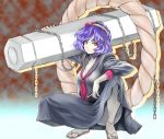 barefoot chain chains cigar cigarette delinquent feet hairband jewelry long_skirt mak no_socks purple_hair red_eyes rope sandals school_uniform shimenawa short_hair skirt squatting touhou upskirt yasaka_kanako