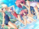  barefoot blonde_hair blue_eyes child collar daikyou flat_chest game_cg hands kaku katagiri_hinata koihime_musou koumei multiple_girls one-piece_swimsuit pink_hair purple_eyes purple_hair school_swimsuit shokatsuryou shoukyou swimsuit toutaku violet_eyes water 