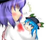  blue_hair chibi food fruit haku_rin hat hinanawi_tenshi nagae_iku nosebleed peach purple_hair shirosuzu short_hair touhou translation_request 