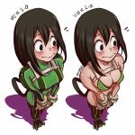  1girl artist_name asui_tsuyu belt bikini bikini_top black_boots black_eyes black_hair black_legwear blush bodysuit boku_no_hero_academia boots bracer breasts cleavage comparison dual_persona eyelashes flying_sweatdrops frog_girl from_above gloves green_bikini green_hair hair_rings harness large_breasts long_hair low-tied_long_hair magion02 monster_girl shadow simple_background skin_tight solo standing string_bikini swimsuit thigh-highs thigh_boots tied_hair very_long_hair white_background white_gloves 