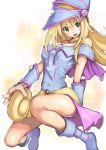  1girl bare_shoulders blonde_hair blush boots breasts dark_magician_girl duel_monster green_eyes hat large_breasts long_hair looking_at_viewer maechuu magical_girl solo wizard_hat yu-gi-oh! 