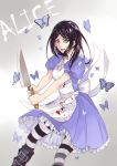  1girl alice_(wonderland) alice_in_wonderland american_mcgee&#039;s_alice apron black_hair blood butterfly dress green_eyes knife lipstick striped striped_legwear thigh-highs 