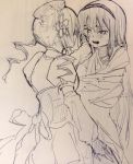  2girls breasts female gradient gradient_background large_breasts magical_girl mahou_shoujo_madoka_magica monochrome multiple_girls negresco sketch tomoe_mami traditional_media twintails 