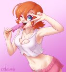  1girl between_breasts breasts cleavage cslucaris food ice_cream licking looking_at_viewer navel nora_valkyrie one_eye_closed rwby sexually_suggestive solo sweat tongue tongue_out v wink 