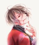  1boy akira_karin back blood bowtie diabolik_lovers fang finger_to_chin from_behind grey_hair hair_over_one_eye head_tilt jacket kino_(diabolik_lovers) looking_at_viewer male_focus red_eyes ribbon scarf simple_background smile solo uniform upper_body vampire white_background 