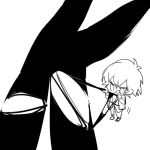  1boy 1girl black_legwear chibi close-up diabolik_lovers kiri_(qoo) komori_yui legs monochrome out_of_frame pantyhose sakamaki_ayato simple_background torn_pantyhose white_background 