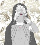  1boy alternate_costume arm_up babo110pixiv bracer cape choker closed_mouth dark_skin diabolik_lovers earrings eyelashes flat_color floral_print flower hair_over_one_eye jewelry leaves looking_at_viewer male_focus monochrome necklace nipples red_eyes sakamaki_subaru shirtless simple_background solo spot_color upper_body white_background 