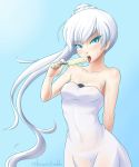  1girl cslucaris dress food ice_cream looking_at_viewer panties rwby sexually_suggestive solo sweat tongue tongue_out translucent underwear weiss_schnee 