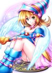  1girl angel_wings ass bare_shoulders blonde_hair blush boots breasts dark_magician_girl duel_monster green_eyes hat large_breasts long_hair looking_at_viewer magical_girl panties sitting smile solo underwear wings wizard_hat yu-gi-oh! 