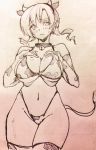  1girl bikini bra breast_grab breasts cow curvy fake_horns fake_tail female large_breasts mahou_shoujo_madoka_magica monochrome negresco shiny shiny_skin solo sweat swimsuit thong tomoe_mami twintails underwear 