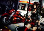  1girl artist_request black_hair date_a_live female fingerless gloves ground_vehicle heterochromia highres jacket long_hair looking_at_viewer midriff motor_vehicle motorcycle shorts solo thigh-highs tokisaki_kurumi twintails 