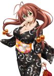  00s 1girl breasts brown_hair cleavage female glasses green_eyes ikkitousen kimono large_breasts legs long_hair looking_at_viewer ryuubi_gentoku shiny shiny_skin smile solo 