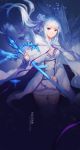  1girl :| breasts cleavage closed_mouth commentary_request detached_sleeves elf emilia_(re:zero) floating_hair flower hair_flower hair_ornament highres ice long_hair long_sleeves looking_at_viewer medium_breasts pointy_ears re:zero_kara_hajimeru_isekai_seikatsu silver_hair skirt skirt_set solo staff swd3e2 thigh-highs violet_eyes white_legwear white_robe white_skirt wide_sleeves 