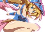  1girl bare_shoulders blonde_hair blush breasts dark_magician_girl duel_monster green_eyes hat large_breasts legs long_hair looking_at_viewer magical_girl shiny shiny_skin solo wizard_hat yu-gi-oh! 