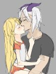  1boy 1girl blonde_hair closed_eyes couple from_side grey_background hetero horns kiss long_hair original pettankon simple_background sitting sitting_on_lap sitting_on_person sketch 