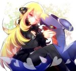  1girl blonde_hair breasts dragon garchomp hug nintendo noni-nani pokemon shirona_(pokemon) smile solo 