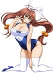  00s 1girl breasts brown_hair bunnysuit female glasses green_eyes ikkitousen legs long_hair looking_at_viewer ryuubi_gentoku school_uniform shiny shiny_skin smile solo v 