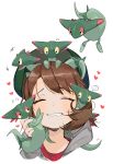  ... 1girl ?? bangs blush brown_hair closed_eyes commentary_request dreepy face gotoh510 green_headwear heart highres holding pokemon pokemon_(creature) pokemon_(game) pokemon_on_head pokemon_swsh short_hair simple_background smile solo sweat white_background yuuri_(pokemon) 