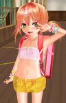  1girl 3d :3 armpits backpack bag character_request child female glasses-chan green_eyes indoors jewelry looking_at_viewer navel necklace open_mouth randoseru shiny shiny_hair solo tongue twintails v w 