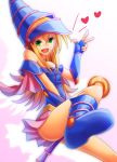  1girl bare_shoulders blonde_hair blush boots breasts dark_magician_girl duel_monster green_eyes hat large_breasts long_hair looking_at_viewer magical_girl smile solo v wizard_hat yu-gi-oh! 