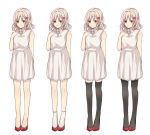  1girl alternate_costume bare_legs bare_shoulders black_legwear blonde_hair blush body_blush breasts closed_mouth costume_chart curly_hair diabolik_lovers dress female full_body hair_ornament hairpin hand_on_own_chest ichinose_(sorario) komori_yui legs looking_at_viewer multiple_views pantyhose petite pink_eyes shoes simple_background sleeveless small_breasts smile socks solo thigh-highs variations white_background white_legwear 