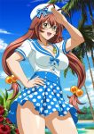  00s 1girl bare_legs breasts brown_hair female glasses green_eyes hat ikkitousen legs long_hair looking_at_viewer ryuubi_gentoku sailor_hat salute shiny shiny_skin sky smile solo water 