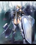  armor army artist_name axe ayaki bikini_armor boots collar commentary_request detached_sleeves eyepatch fog garter_straps gauntlets gluteal_fold high_heel_boots high_heels highres knight leotard looking_at_viewer original partial_armor pointy_ears shield short_hair thigh-highs weapon white_hair 
