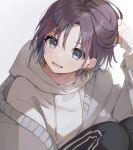  1girl alternate_costume asakura_tooru black_pants blue_hair earrings folded_leg gradient_hair grey_hoodie hand_on_own_head highres hood hoodie idolmaster idolmaster_shiny_colors jacket jacket_partially_removed jewelry leggings looking_afar mameyanagi multicolored_hair pants purple_hair simple_background solo white_background 