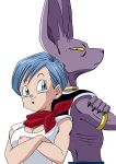  1boy 1girl artist_request beerus breasts bulma dragon_ball dragon_ball_super dragonball_z female large_breasts muscle short_hair smile 
