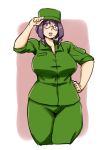  1girl glasses lips military military_uniform mole original purple_hair short_hair simple_background stand teatime_(mike) thick_thighs uniform violet_eyes 