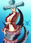  1girl blue_hair breasts charlotte_praline cleavage female fish fishman_island freckles green_eyes jewelry large_breasts lipstick looking_at_viewer mermaid mermaid_tail monster_girl navel ocean one_piece red_lips solo swimming tail underwater water 