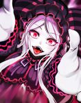  1girl arms_up breasts fang frills looking_at_viewer nyamota_(noraneko_koubou) open_eyes open_mouth overlord_(maruyama) purple_hair red_eyes ribbon shalltear_bloodfallen solo vampire 