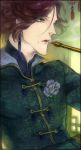  1boy beauty_mark brown_hair chinese_clothes diabolik_lovers eyelashes flower green green_eyes jewelry male_focus mole mole_under_mouth nozoki_davis open_mouth pipe sakamaki_laito single_earring smoke smoking solo traditional_clothes upper_body 
