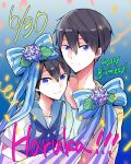  2boys black_hair blue_eyes character_name flower free! happy_birthday high_speed! male_focus multiple_boys nanase_haruka_(free!) nimoda_ai ribbon sailor_uniform smile text younger 