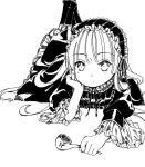 1girl artist_request character_request child copyright_request dress frilled_dress frills headdress legs_up looking_at_viewer lying monochrome on_floor on_stomach simple_background white_background 