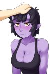  black_hair blush breasts cleavage demon_girl hand_on_another&#039;s_head ittla oni oni_horns pointy_ears purple_skin shiny shiny_skin short_hair simple_background solo_focus sweatdrop tank_top white_background yellow_eyes 