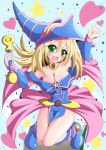  1girl bare_shoulders blonde_hair blush blush_stickers breasts choker cleavage collarbone dark_magician_girl duel_monster green_eyes hat hexagram highres jewelry large_breasts long_hair looking_at_viewer magical_girl necklace oosono_chaka open_mouth pentacle smile solo star wizard_hat yu-gi-oh! yuu-gi-ou_duel_monsters 