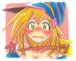  1girl artist_request bare_shoulders blonde_hair blush dark_magician_girl duel_monster green_eyes hat long_hair looking_at_viewer magical_girl solo wizard_hat yu-gi-oh! 