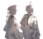  1boy 1girl ahoge alisaie_leveilleur alphinaud_leveilleur bangs black_necktie blue_eyes book brother_and_sister cape capelet chain dress earrings elezen elf final_fantasy final_fantasy_xiv from_behind from_side hair_tubes hat holding holding_book hutaway jewelry long_coat long_hair long_sleeves looking_at_another matching_earrings necktie pants parted_lips pointy_ears profile shade shirt short_hair_with_long_locks siblings single_earring smile standing white_background white_cape white_capelet white_dress white_hair white_headwear white_pants white_shirt 