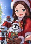  bird brown_gloves character_request christmas christmas_tree gloves long_hair looking_at_viewer nyantiu open_mouth penguin smile 
