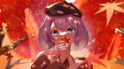  1girl absurdres autumn autumn_leaves beret black_headwear blue_eyes brown_jacket collarbone hat head_tilt highres holding holding_leaf jacket komito_(komito5310) leaf looking_at_viewer maple_leaf nijisanji nijisanji_kr nun_bora portrait purple_hair short_hair solo tree virtual_youtuber 