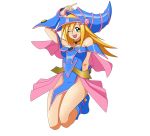  1girl artist_request bare_shoulders blonde_hair blush boots breasts dark_magician_girl duel_monster green_eyes hat large_breasts legs long_hair looking_at_viewer magical_girl open_mouth skirt solo wink wizard_hat yu-gi-oh! 