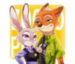  artist_request blush disney fox green_eyes judy_hopps looking_at_another nick_wilde police police_uniform rabbit simple_background smile standing tagme uniform upper_body violet_eyes white_background zootopia 